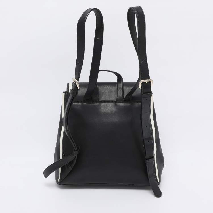 Pre Owned DKNY Black Leather Logo Print Jade Flap Backpack 