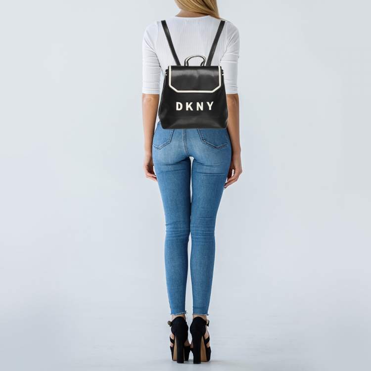 Pre Owned DKNY Black Leather Logo Print Jade Flap Backpack 