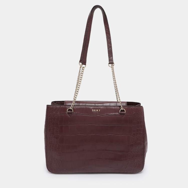 Pre Owned DKNY Burgundy Croc Embossed Leather Chain Tote