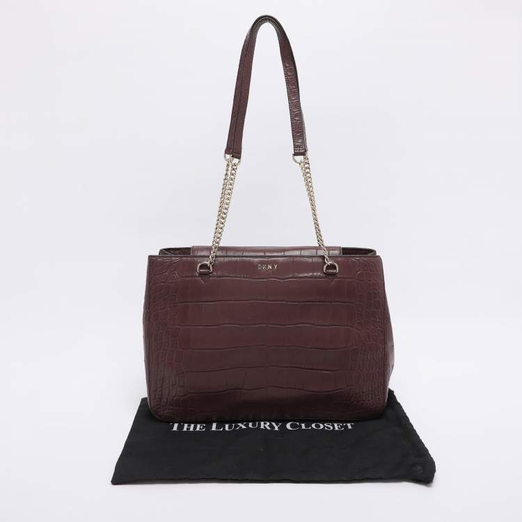 Pre Owned DKNY Burgundy Croc Embossed Leather Chain Tote