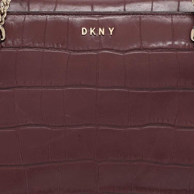 Pre Owned DKNY Burgundy Croc Embossed Leather Chain Tote
