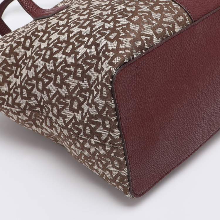 Pre Owned Dkny Beige/Burgundy Canvas and Leather Tote