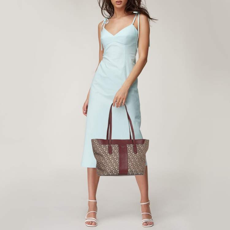 Pre Owned Dkny Beige/Burgundy Canvas and Leather Tote