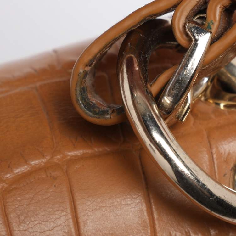 Pre Owned DKNY Beige/Tan Canvas and Croc Embossed Leather Top Handle Bag