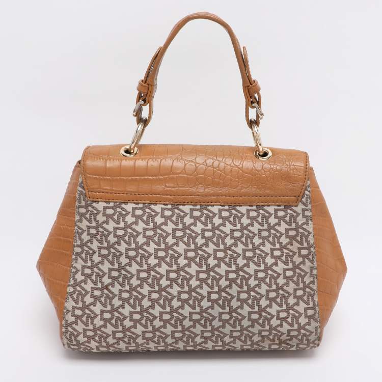 Pre Owned DKNY Beige/Tan Canvas and Croc Embossed Leather Top Handle Bag