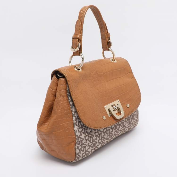 Pre Owned DKNY Beige/Tan Canvas and Croc Embossed Leather Top Handle Bag