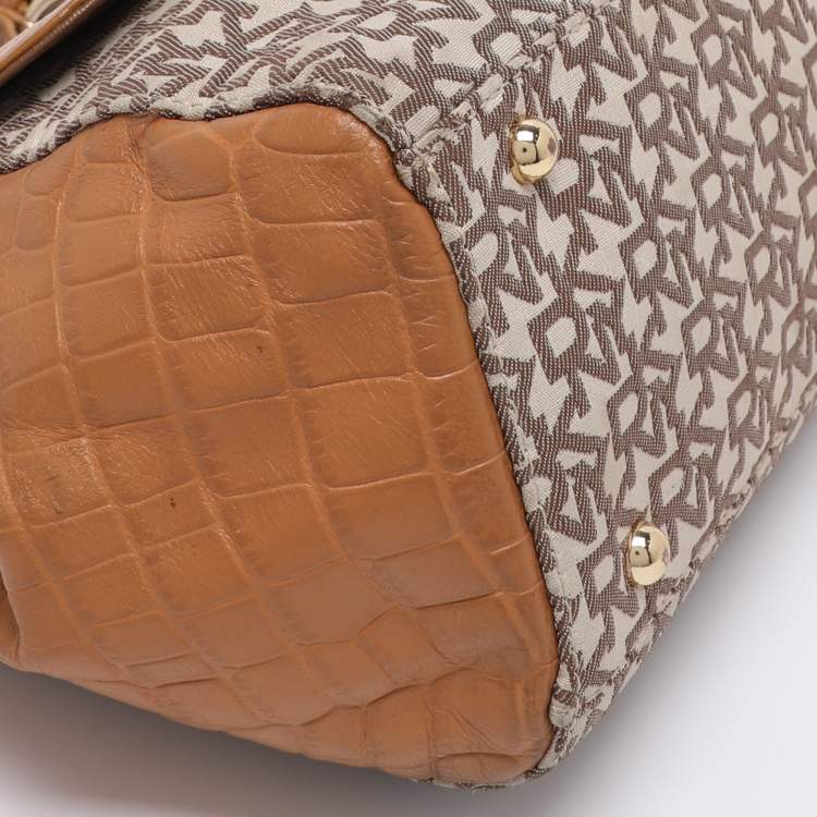 Pre Owned DKNY Beige/Tan Canvas and Croc Embossed Leather Top Handle Bag