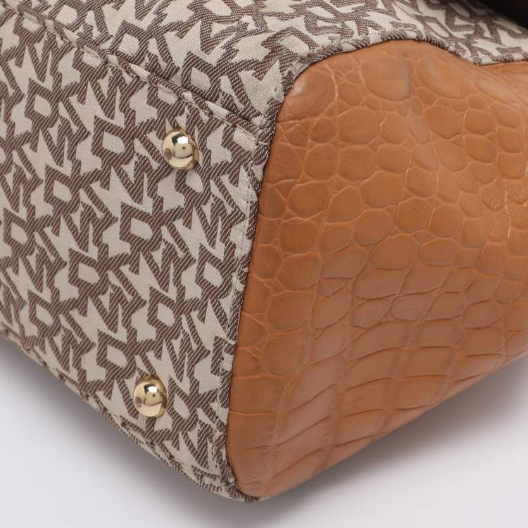 Pre Owned DKNY Beige/Tan Canvas and Croc Embossed Leather Top Handle Bag