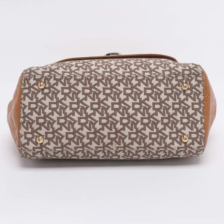 Pre Owned DKNY Beige/Tan Canvas and Croc Embossed Leather Top Handle Bag