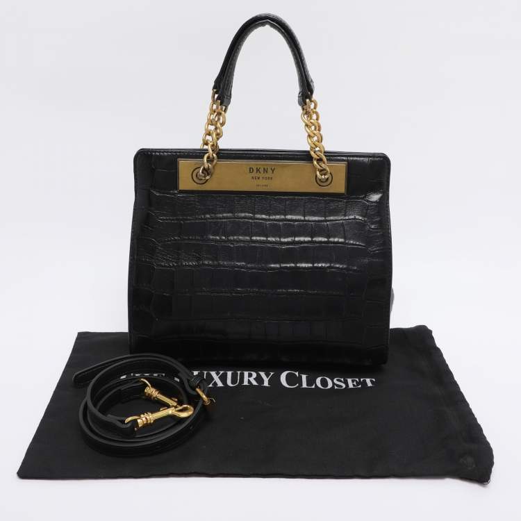 Pre Owned DKNY Black Croc Embossed Leather Cooper Satchel