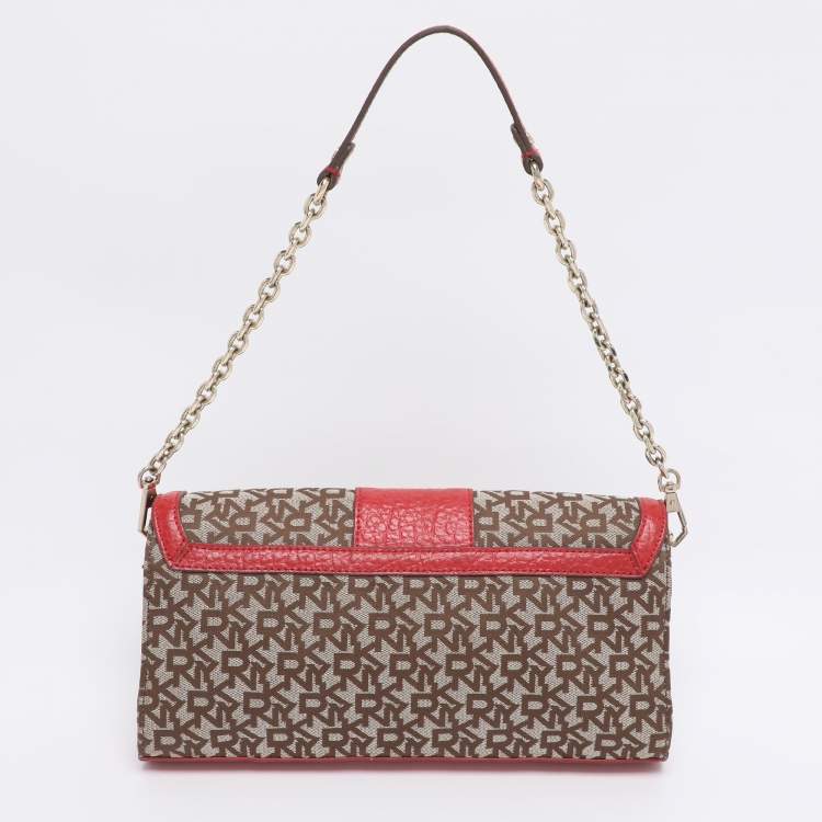 Pre Owned DKNY Beige/Red Canvas and Leather Chain Shoulder Bag