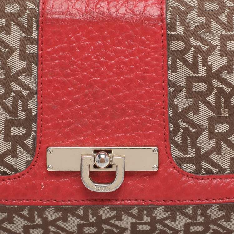 Pre Owned DKNY Beige/Red Canvas and Leather Chain Shoulder Bag