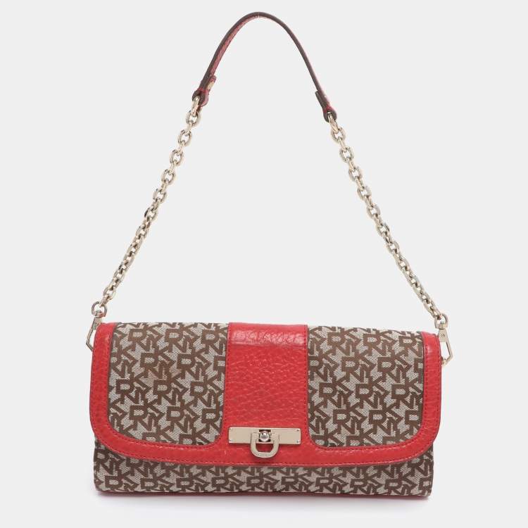 Pre Owned DKNY Beige/Red Canvas and Leather Chain Shoulder Bag