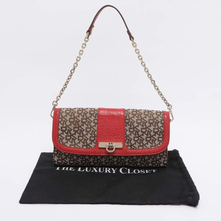 Pre Owned DKNY Beige/Red Canvas and Leather Chain Shoulder Bag
