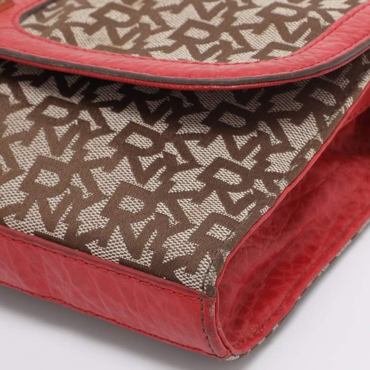 Pre Owned DKNY Beige/Red Canvas and Leather Chain Shoulder Bag