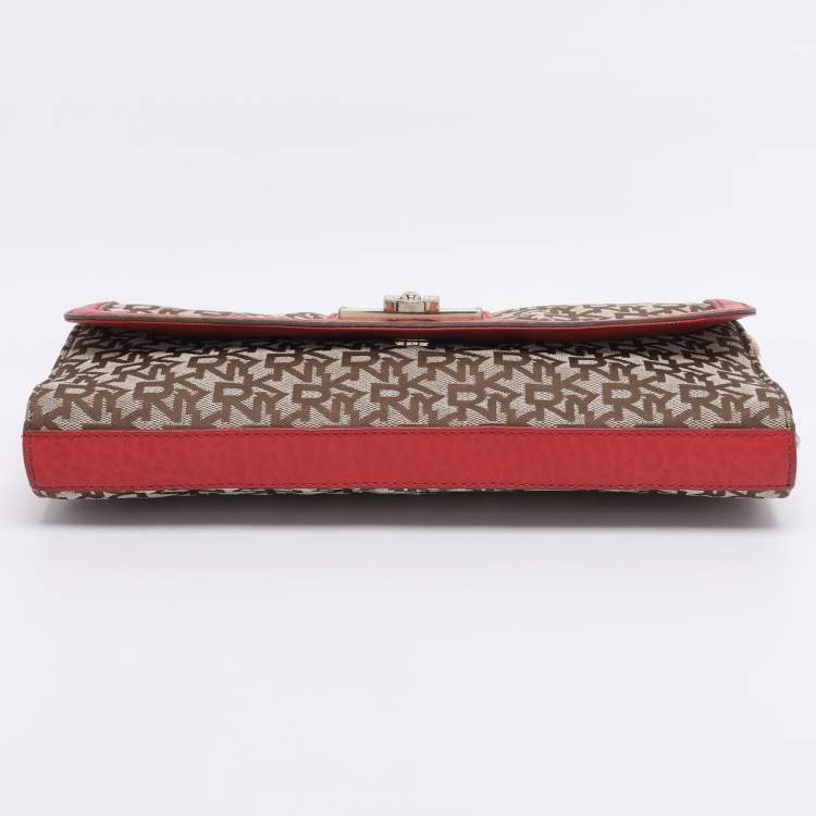 Pre Owned DKNY Beige/Red Canvas and Leather Chain Shoulder Bag