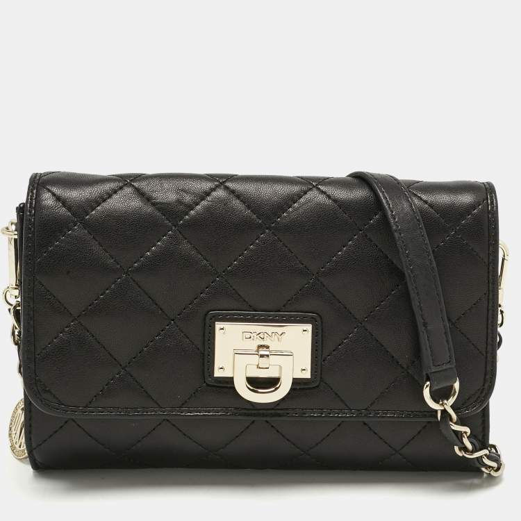 Pre Owned DKNY Black Quilted Leather Flap Chain Crossbody Bag