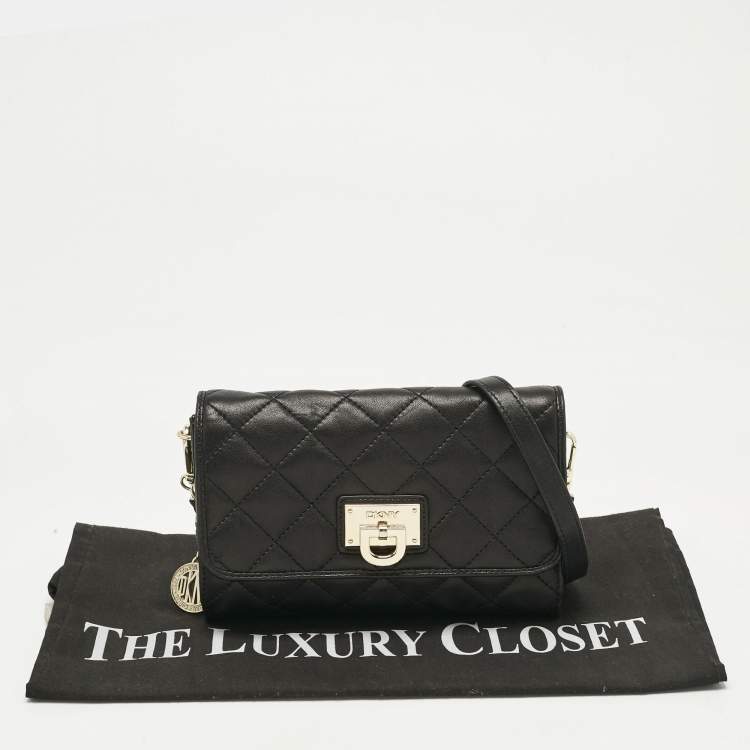 Pre Owned DKNY Black Quilted Leather Flap Chain Crossbody Bag