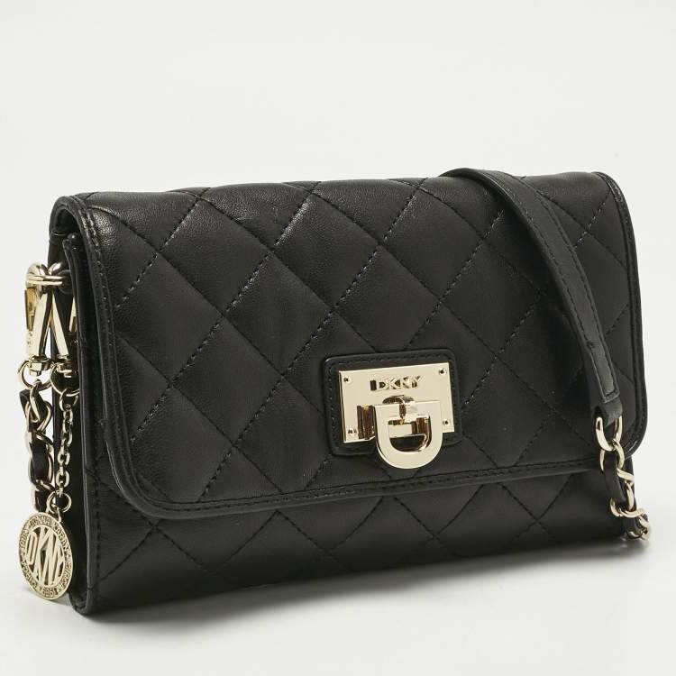 Pre Owned DKNY Black Quilted Leather Flap Chain Crossbody Bag