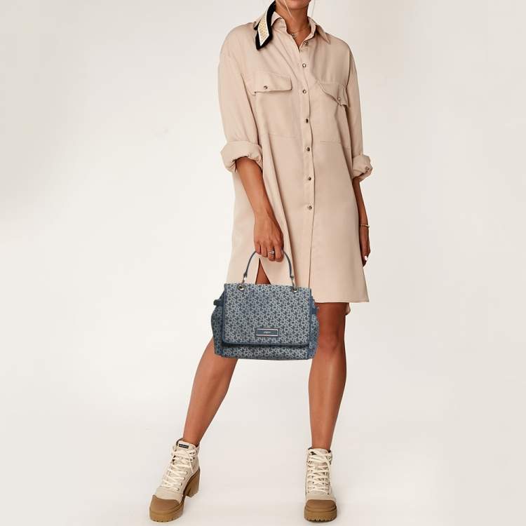 Pre Owned DKNY Blue Signature Canvas and Leather Trim Flap Top Handle Bag