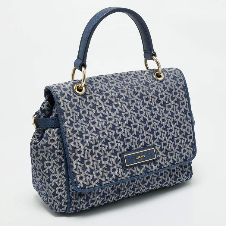 Pre Owned DKNY Blue Signature Canvas and Leather Trim Flap Top Handle Bag