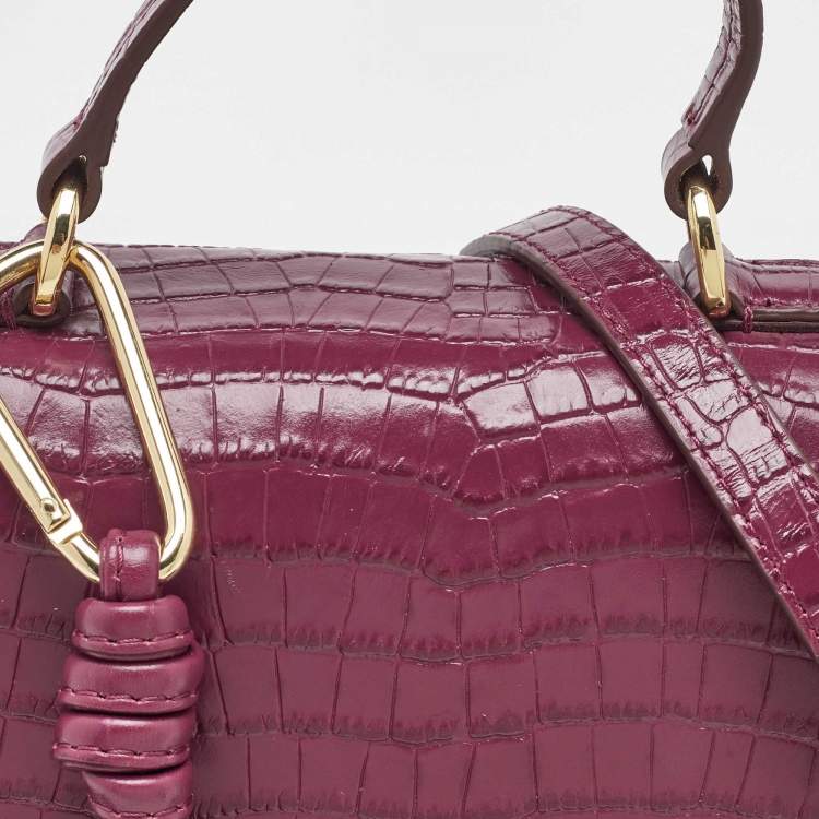 Pre Owned DKNY Burgundy Croc Embossed Leather Flap Top Handle Bag