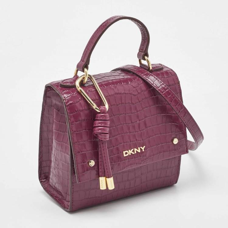 Pre Owned DKNY Burgundy Croc Embossed Leather Flap Top Handle Bag