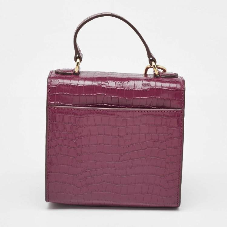Pre Owned DKNY Burgundy Croc Embossed Leather Flap Top Handle Bag