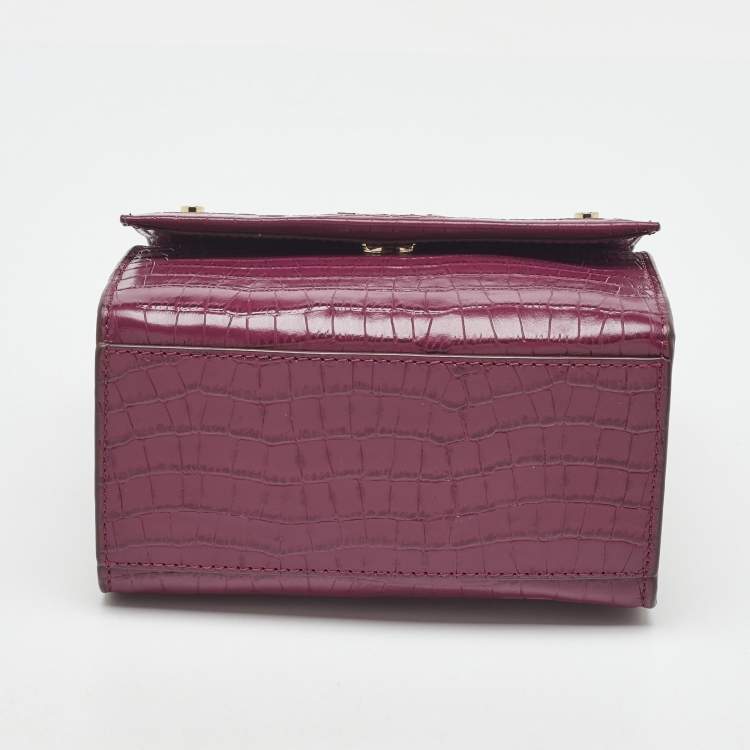 Pre Owned DKNY Burgundy Croc Embossed Leather Flap Top Handle Bag