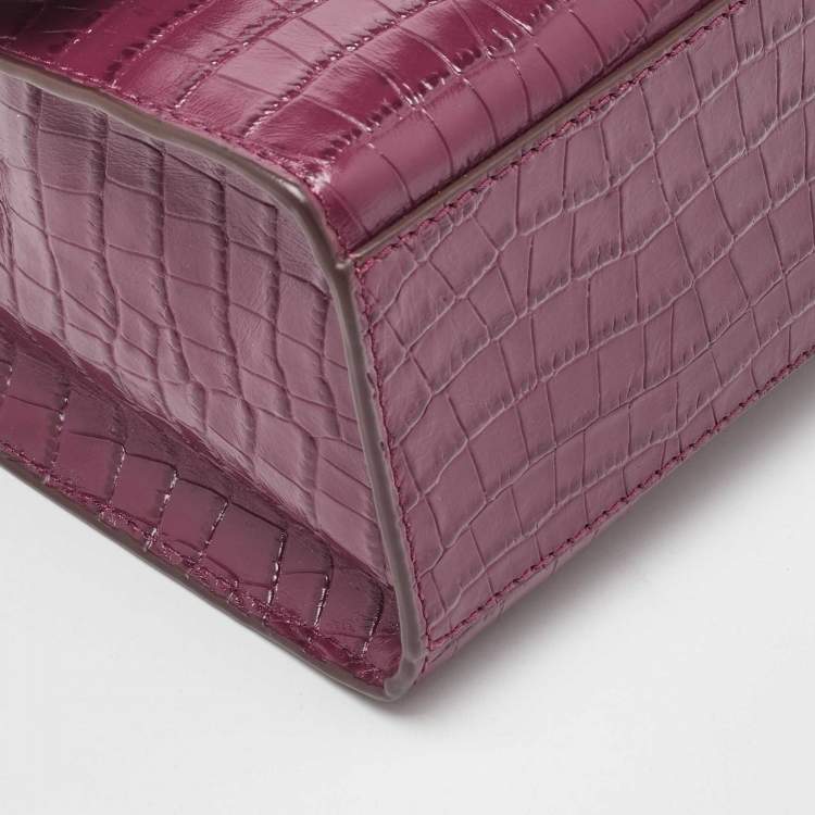 Pre Owned DKNY Burgundy Croc Embossed Leather Flap Top Handle Bag
