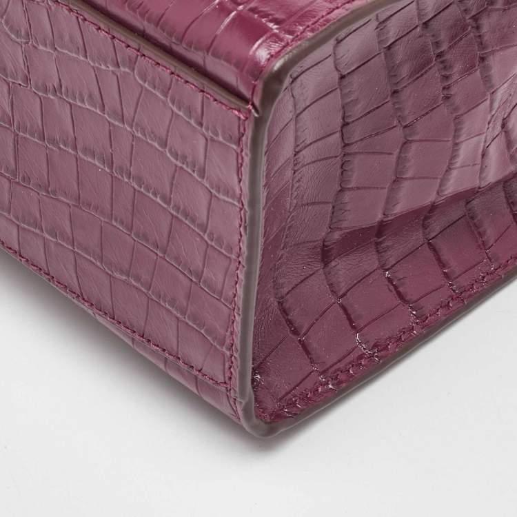 Pre Owned DKNY Burgundy Croc Embossed Leather Flap Top Handle Bag