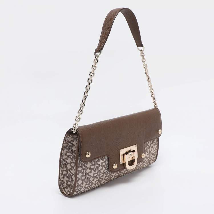 Pre Owned DKNY Brown/Beige Signature Canvas And Leather Chain Shoulder Bag