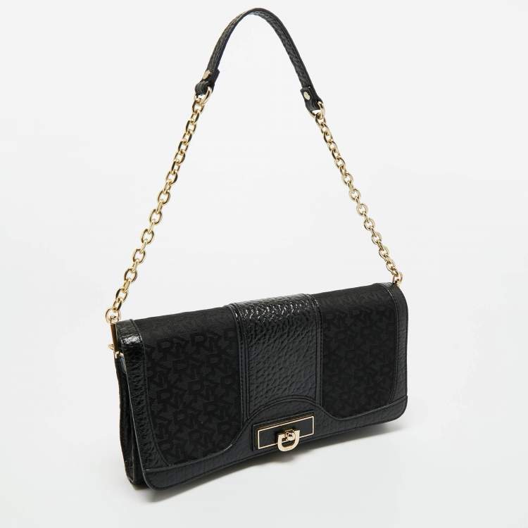 Pre Owned DKNY Black Signature Fabric and Leather Flap Chain Shoulder Bag