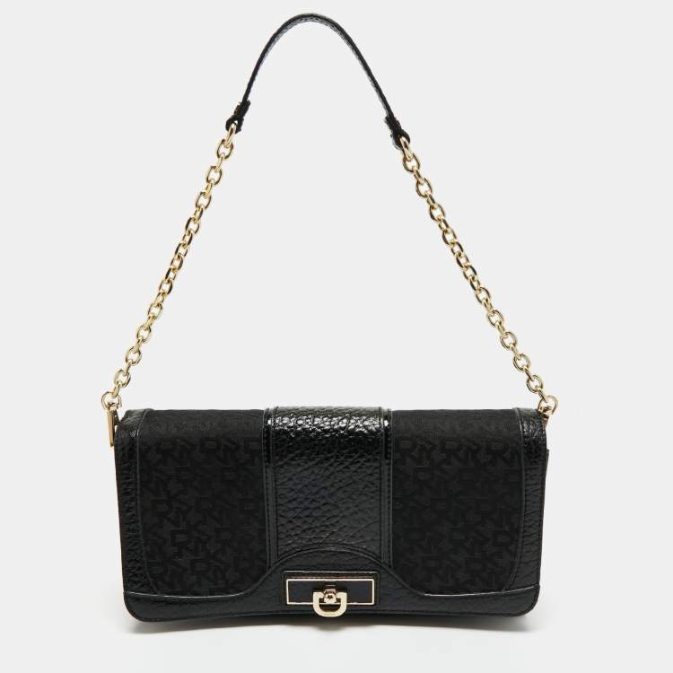Pre Owned DKNY Black Signature Fabric and Leather Flap Chain Shoulder Bag