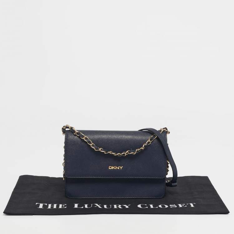 Pre Owned DKNY Navy Blue Leather Bryant Park Flap Crossbody Bag