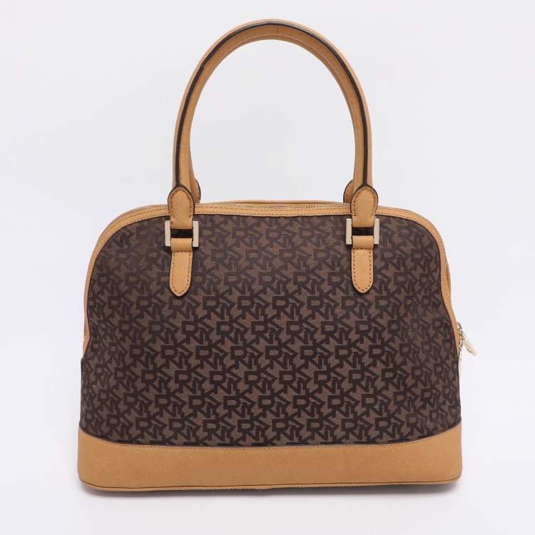 Pre Owned Dkny Brown/Mustard Canvas and Leather Dome Satchel