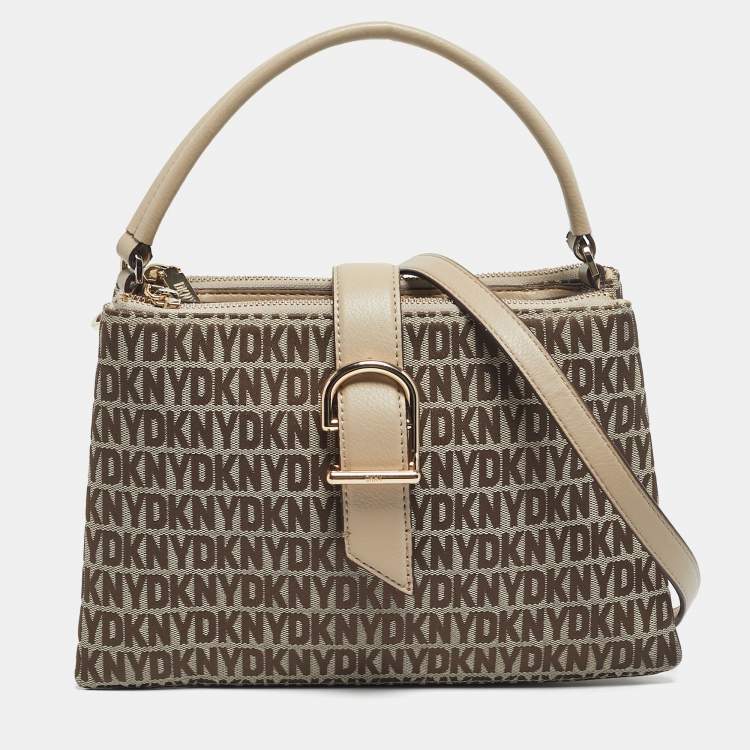 Pre Owned DKNY Beige Signature Canvas and Leather Deena Top Handle Bag