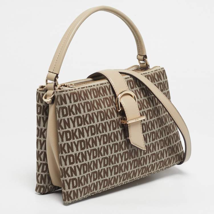 Pre Owned DKNY Beige Signature Canvas and Leather Deena Top Handle Bag