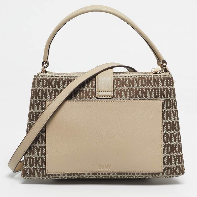 Pre Owned DKNY Beige Signature Canvas and Leather Deena Top Handle Bag