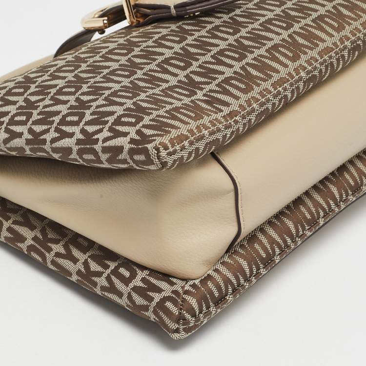 Pre Owned DKNY Beige Signature Canvas and Leather Deena Top Handle Bag