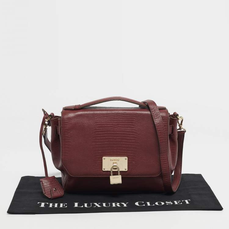 Pre Owned DKNY Red Lizard Embossed Leather Top Handle Bag