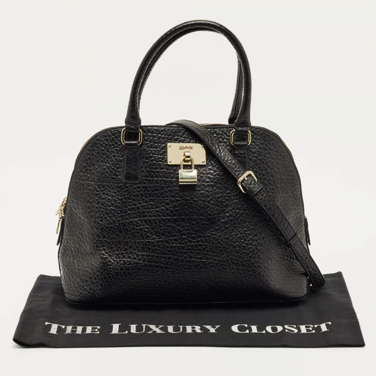 Pre Owned DKNY Black Pebbled Leather Padlock Dome Satchel