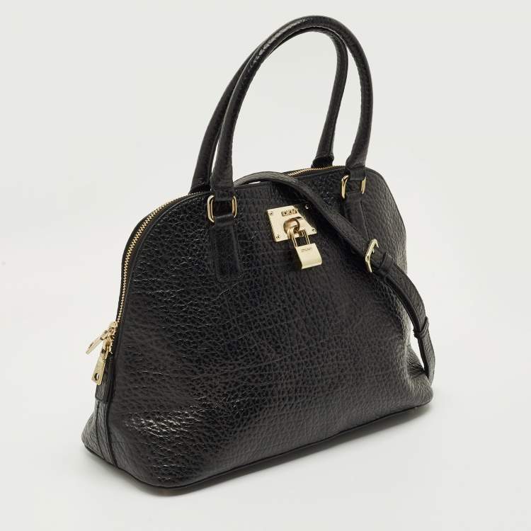 Pre Owned DKNY Black Pebbled Leather Padlock Dome Satchel