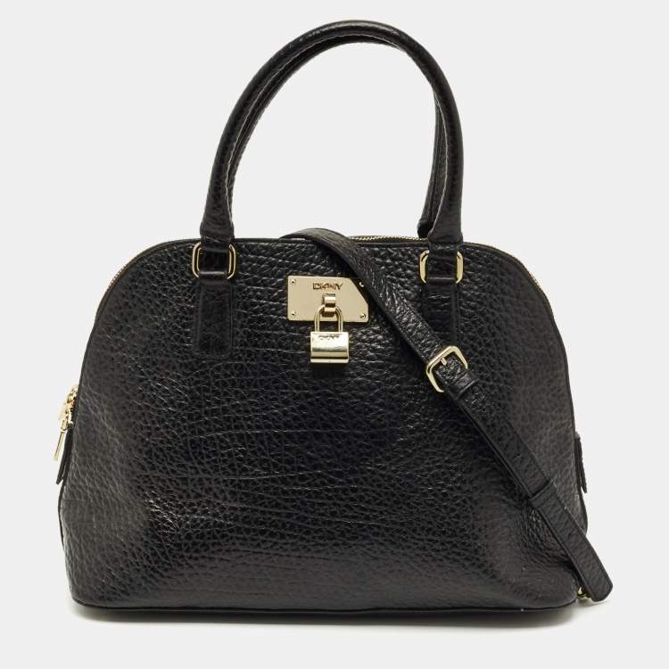 Pre Owned DKNY Black Pebbled Leather Padlock Dome Satchel