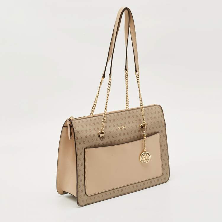 Pre Owned DKNY Beige Monogram Coated and Leather Large Bryant Chain Zip Tote