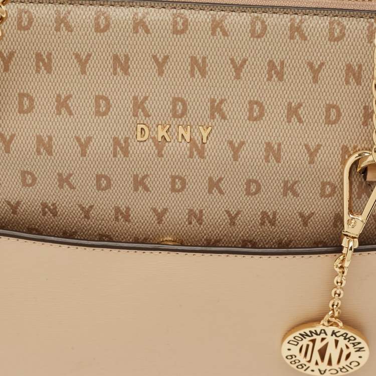 Pre Owned DKNY Beige Monogram Coated and Leather Large Bryant Chain Zip Tote