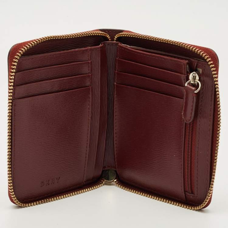 Pre Owned DKNY Burgundy Leather Bryant Zip Around Compact Wallet