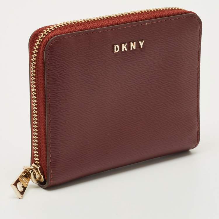 Pre Owned DKNY Burgundy Leather Bryant Zip Around Compact Wallet