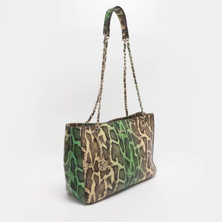 Pre Owned DKNY Green/Beige Python Embossed Leather Chain Tote