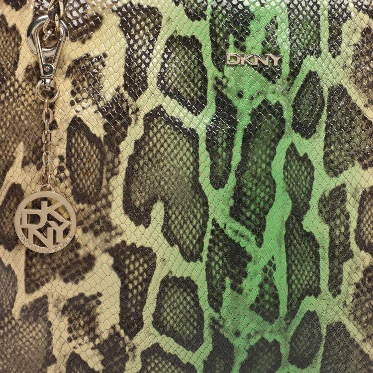 Pre Owned DKNY Green/Beige Python Embossed Leather Chain Tote